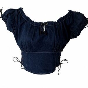 Dragon Rouge Denim Milkmaid Top Dark Wash Lace Up Renaissance XS Made in Quebec